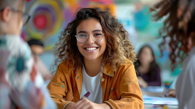 Art Therapist Guiding Students Through Creative Expression and Healing in Vibrant Classroom Setting