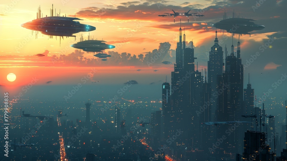 Poster a cityscape with a large building in the background and a sun in the sky. the sky is filled with man