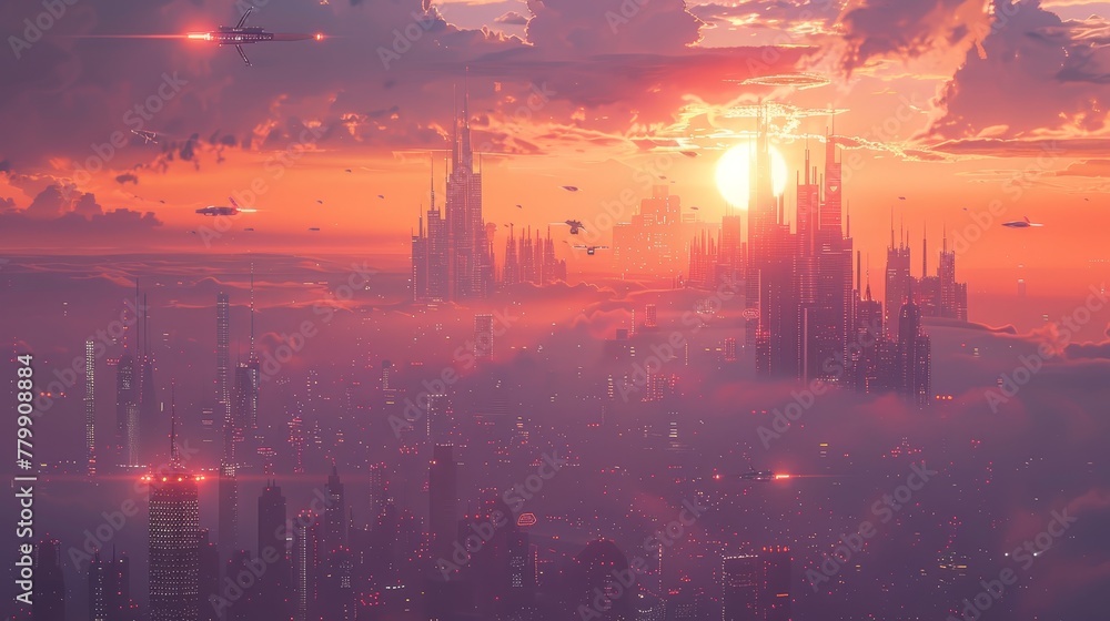 Poster a cityscape with a large building in the middle and a sun in the sky. the sky is filled with clouds 