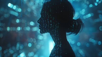 A woman's face is shown in a blue light with a lot of dots. The image has a futuristic and abstract feel to it