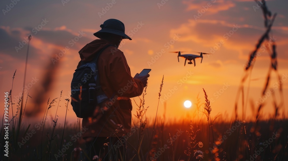 Poster a man is standing in a field with a drone flying above him. the drone is capturing a photo of the su
