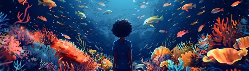 A Child s Captivating Aquarium Adventure Discovering the Wonders of the Underwater World - obrazy, fototapety, plakaty