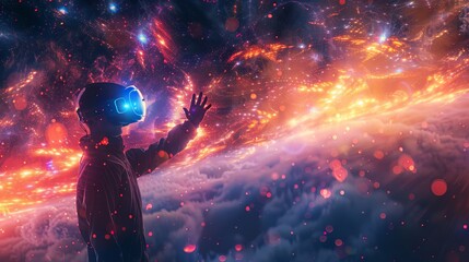 A man in a VR headset is looking up at a colorful, starry sky. The scene is set in a futuristic, space-like environment. The man's hand is extended, as if he is reaching out to touch the stars