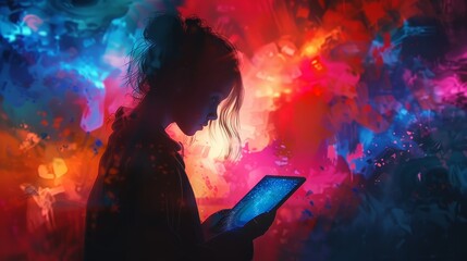 A woman is holding a tablet in her hand. The tablet is glowing and the woman is looking at it. The image has a futuristic and colorful vibe, with the woman's silhouette