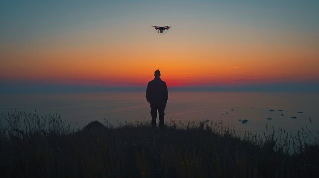 A man stands on a hill overlooking the ocean at sunset. He is holding a remote control and flying a drone. The scene is peaceful and serene, with the man enjoying the beauty of the sunset