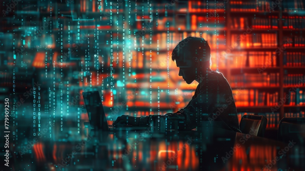 Poster a man is sitting at a table with a laptop in front of him. the image has a futuristic and somewhat o