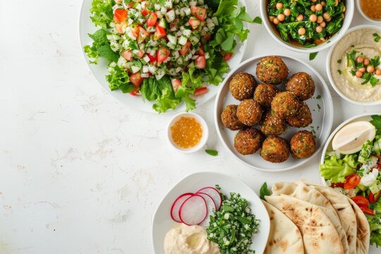 Traditional Mediterranean feast with delicious falafel, fresh tabbouleh, and sides