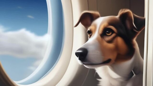 dog travelling by plane and looking out the window at sky and clouds, animal transport, tourism with pets, Generative AI,