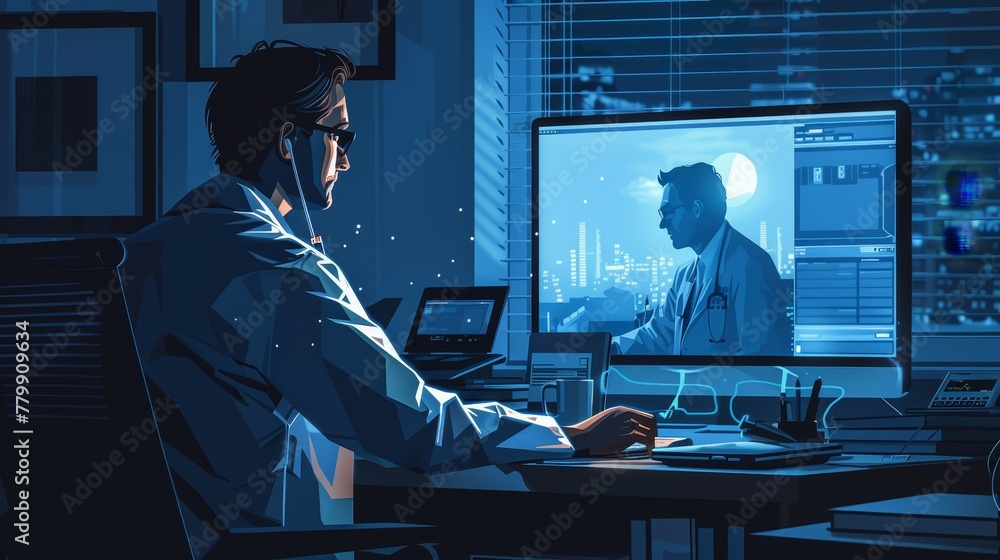 Poster a man is sitting at a desk with a computer monitor in front of him. he is wearing a white lab coat a