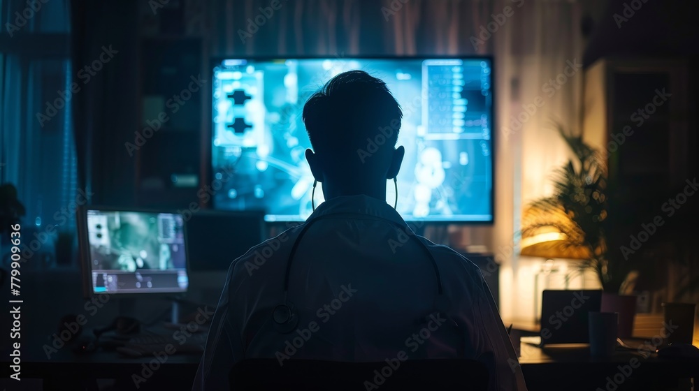 Poster a man is sitting in front of a computer monitor with a doctor's coat on. he is looking at the screen