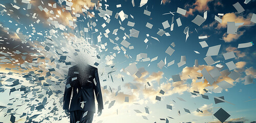 A conceptual image of a business suit dissolving into countless pieces of paper flying away in the wind 32k, full ultra hd, high resolution - obrazy, fototapety, plakaty