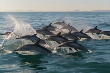 Fototapeta premium dolphins, water, leaping, group, marine, animals, ocean, wildlife, playful, nature, mammal, sea, aquatic, splashing