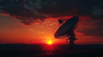 A large satellite dish is in the foreground of a sunset. The sky is orange and the sun is setting