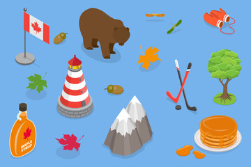3D Isometric Flat Vector Illustration of Canada Collection, Traditional Cultural Attributes - obrazy, fototapety, plakaty