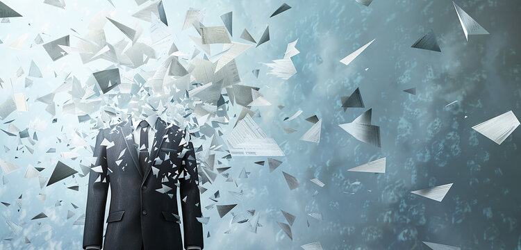 A conceptual image of a business suit dissolving into countless pieces of paper flying away in the wind 32k, full ultra hd, high resolution