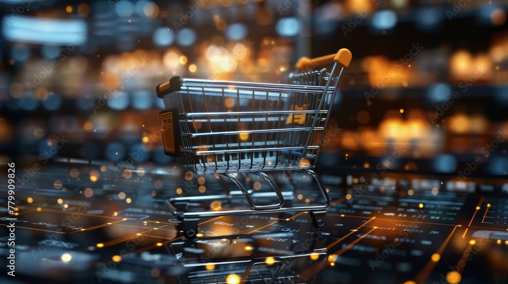 Poster a shopping cart is floating in a digital world. the cart is surrounded by a blurry background of lig