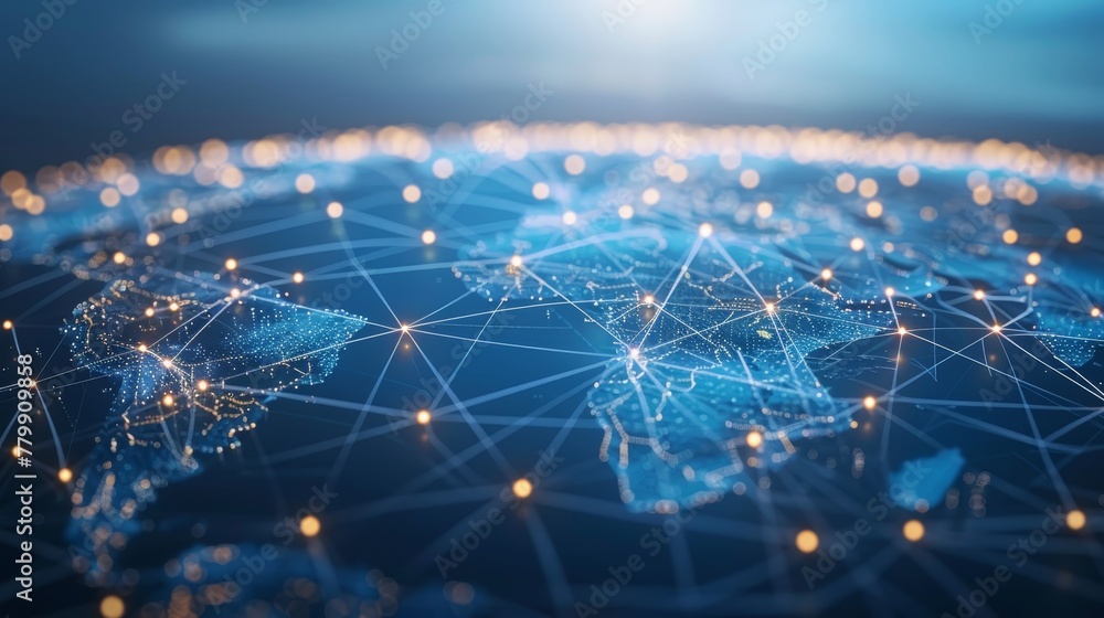 Poster a blue and white globe with a network of lines connecting it. the globe is lit up with a blue and or