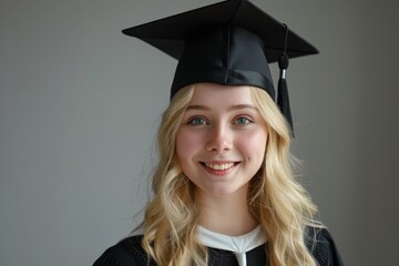 A young blonde female student is smiling and excitedly wearing a graduation cap, isolated on a white background.