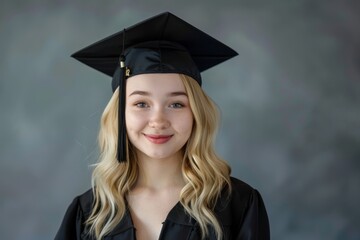 A young blonde female student smiling happily in her graduation cap, isolated on a white background.