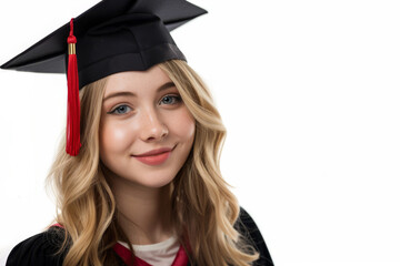 A young blonde female student is smiling and excitedly posing in her graduation cap, isolated on a white background.