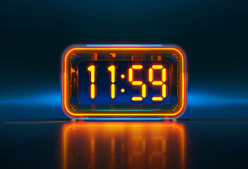 Neon Digital Clock 11:59 Almost Midnight Time Deadline Dark Background