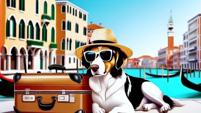 dog tourist in straw hat and sunglasses in Venice, near suitcase,  canals, vacation and tourism, Generative AI