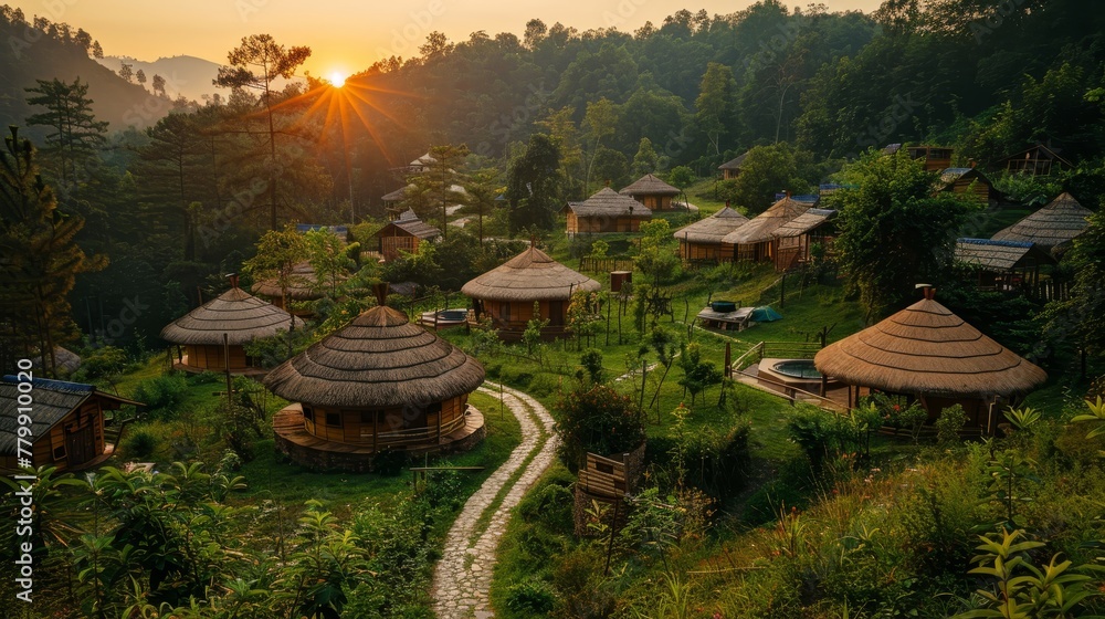 Poster a village of small homes with a path in the middle. the path is surrounded by trees and the houses a
