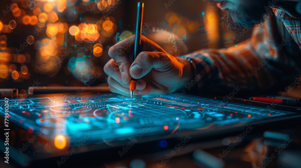 Poster a man is drawing on a computer screen with a pen. the image is a digital drawing of a man's hand hol