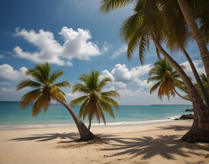 The leaves of palm trees on Sunny tropical beach. Summer vacation and tropical beach background