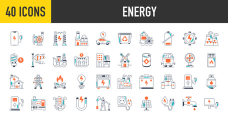 Energy icon set. Such as renewable energy, ecology, green electricity, pump, oven, smartphone, trash bin, refinery, coal, plug, oil, nuclear, gas cylinder, hydro, battery, power icons vector.	
