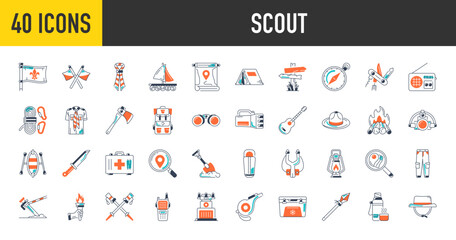 Scouts icons set. Such as tent, shore, beanie, animal, pocket knife, water cooler, sign post, bonfire, wristwatch, flag, scarf, pegs, location, search, torch, raft, compass, travel vector icon.