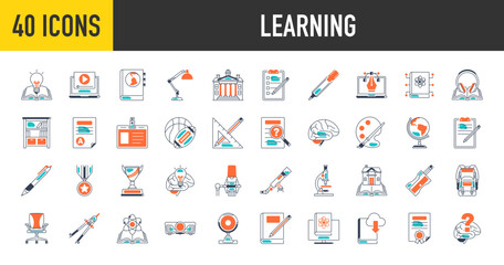 Learning icons set. Such as education, elearning, video tutorial, knowledge, study, school, university, webinar, online education, bookcase, question, student card, idea, sport vector icon