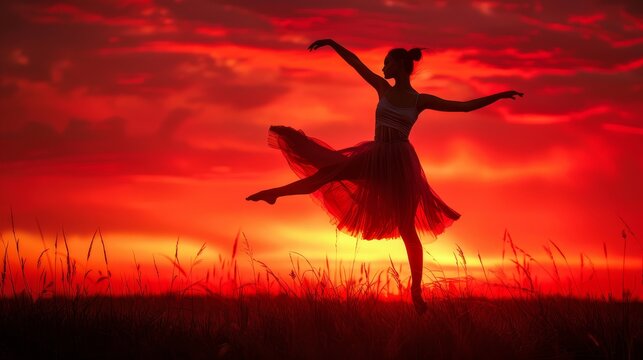 A woman is dancing in a field of tall grass at sunset. The sky is a beautiful mix of red and orange hues, creating a serene and peaceful atmosphere. The woman's graceful movements