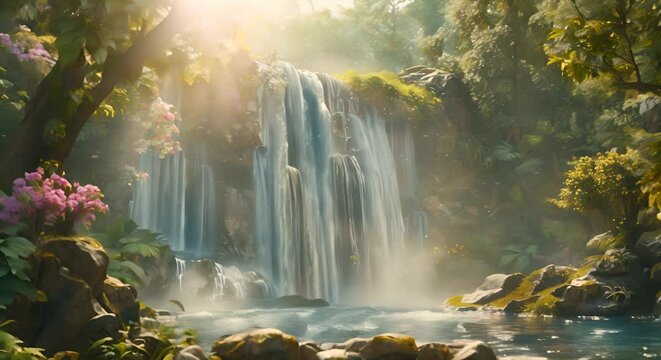 Panorama of the most beautiful fantasy waterfall with the enviroment in the magical nature forest animation looping video background