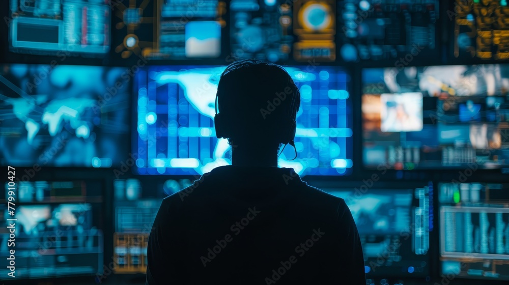 Poster a person is looking at a computer monitor with many screens. the person is wearing headphones and he