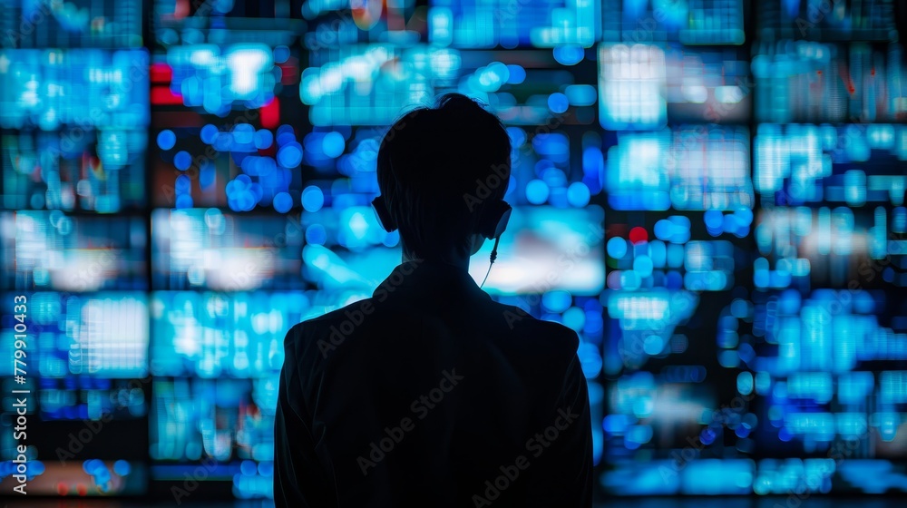 Poster a man is looking at a computer screen with many different screens. the screens are all blue and the 