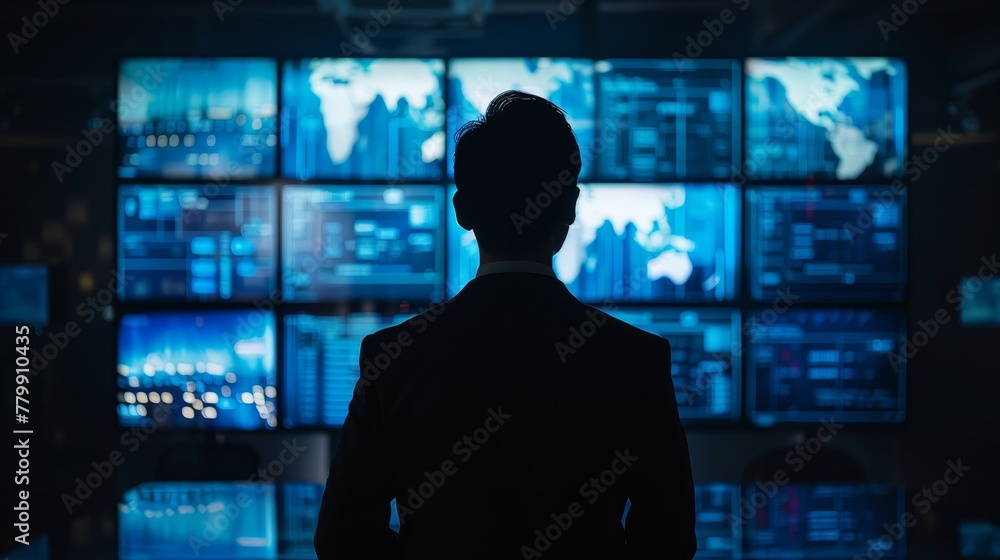 Poster a man in a suit is looking at a computer screen with many monitors. the screens are all blue and the