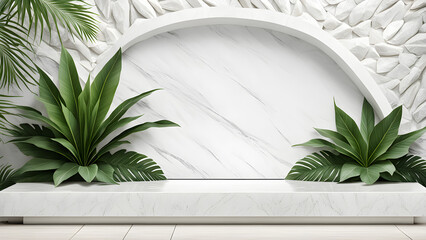 This image of a modern stage made of stone surrounded by tropical tree leaves is great for business presentations.
