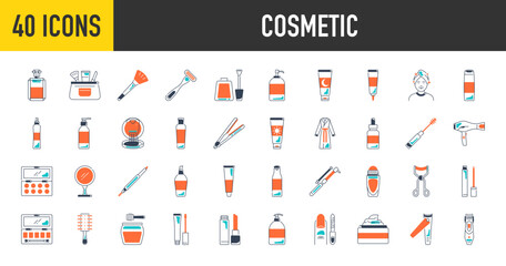 Cosmetic icon set. Such as makeup, perfume, bag, eyelash, mascara, eyeliner, conditioner, hair, treatment, face, cleanser, cream, spray, brush, razor, nail, polish, bathrobe vector icons illustration.
