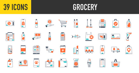 Fototapeta na wymiar Grocery icons. Such as store, sales, delivery, consumer, basket, dairy, meat, bread, vegetables, fruits, bag, refund, trolley, coupons, payment, food, wishlist, softdrink, vector icon illustration.