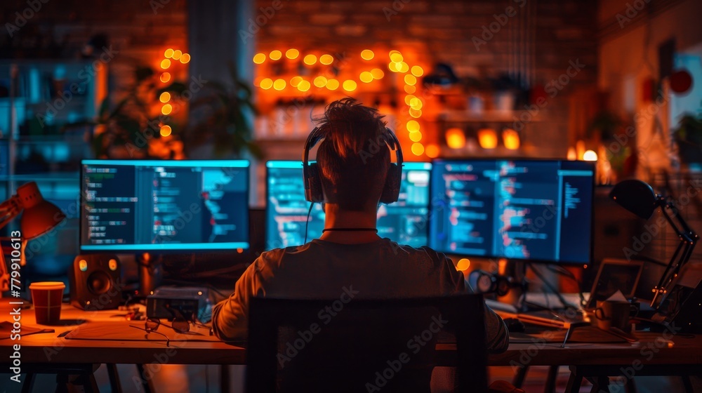 Poster a man is sitting in front of a computer with a keyboard and a mouse. he is wearing headphones and is