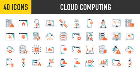 Cloud computing icons set. Such as technology, data center, connection, network, digital, database platform, support, satellite, system, security, server, router, hosting vector icon.