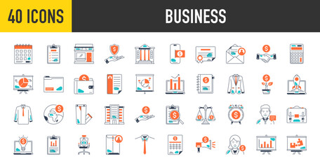 Business icons set. Such as finance, money, bank, contact, infographic, report, graph, briefcase, portfolio, deal, coin, b2b, statistics, agreement, payment, meeting vector icon illustration