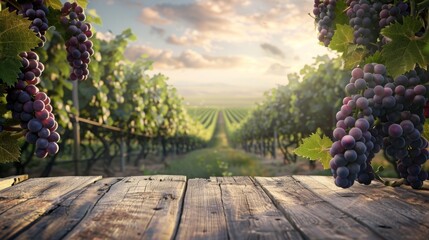 Wooden Table with Vineyard Backdrop