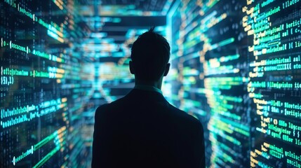 A man is standing in front of a computer screen with a lot of numbers and letters on it. He is wearing a suit and looking at the screen. Concept of focus and concentration