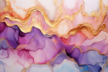 Colorful abstract marble background, alcohol ink art liquid fluid marbled luxury texture. Pink blue white purple gold mixture of colors and gold lines. Waves and swirls.