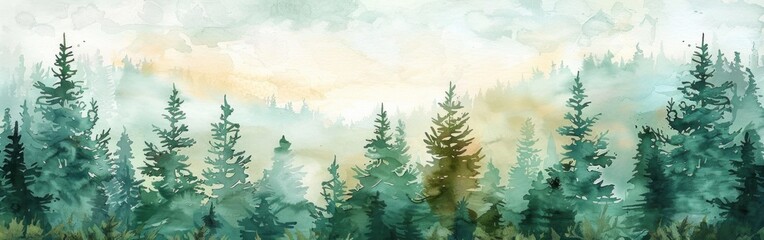 Hand-Drawn Watercolor Forest Landscape with Green Fir and Spruce Trees as Background Illustration