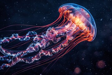 A vibrant jellyfish gracefully drifts in the water, showcasing its colorful tentacles and translucent body - obrazy, fototapety, plakaty