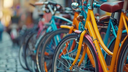 A row of colorful bicycles are parked next to each other. The bikes are of different colors and sizes, and they are all lined up in a row. The scene gives off a sense of organization and order