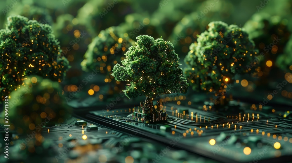 Poster a computer generated image of a forest with glowing trees. scene is serene and peaceful, as the tree